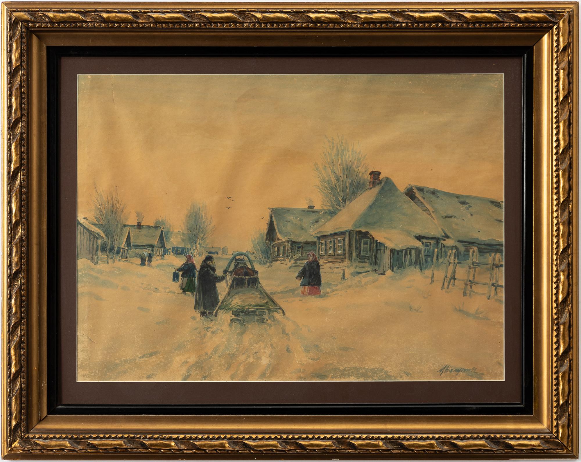 Mihail Abramovich Balunin, Winter landscape with figures and sleigh in the village.