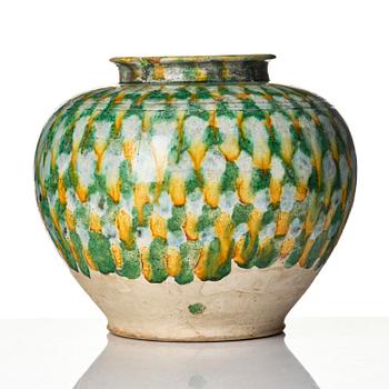 A sancai-glazed pottery jar, Tang dynasty (618-907).