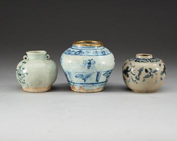 Three blue and white jars, Yuan/Ming dynasty.