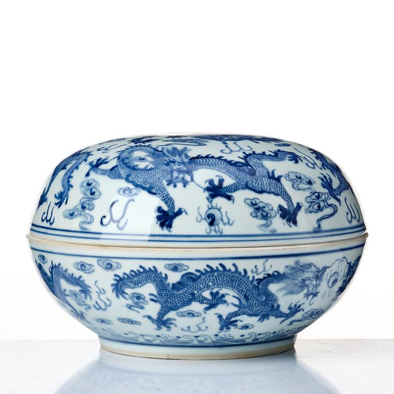 A blue and white five clawed dragon bowl, China, presumably Republic with Guangxu mark.