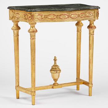 A Gustavian giltwood and Kolmårdsmarble-top console table, Stockholm, late 18th century.