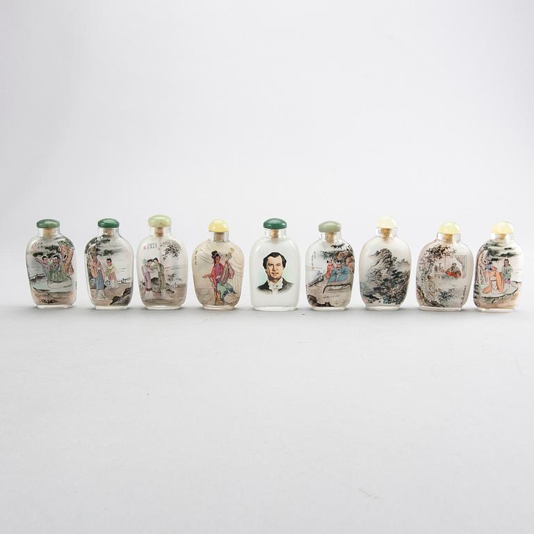 A set of nine Chinese glass snuffbottles, later part of the 20th century.