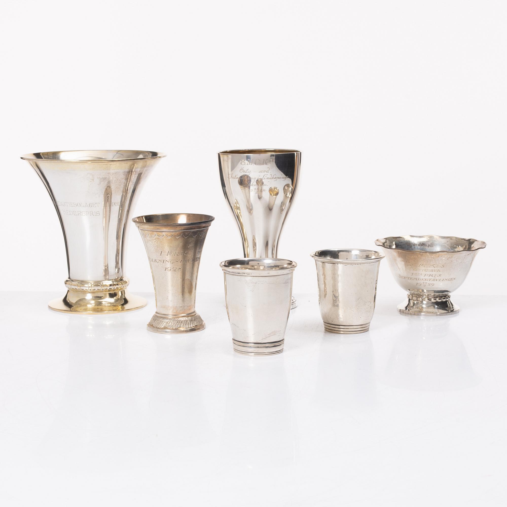 Trophies/cups and bowl, 6 pcs, silver, Sweden and Denmark, including K Anderson, Stockholm 1925.