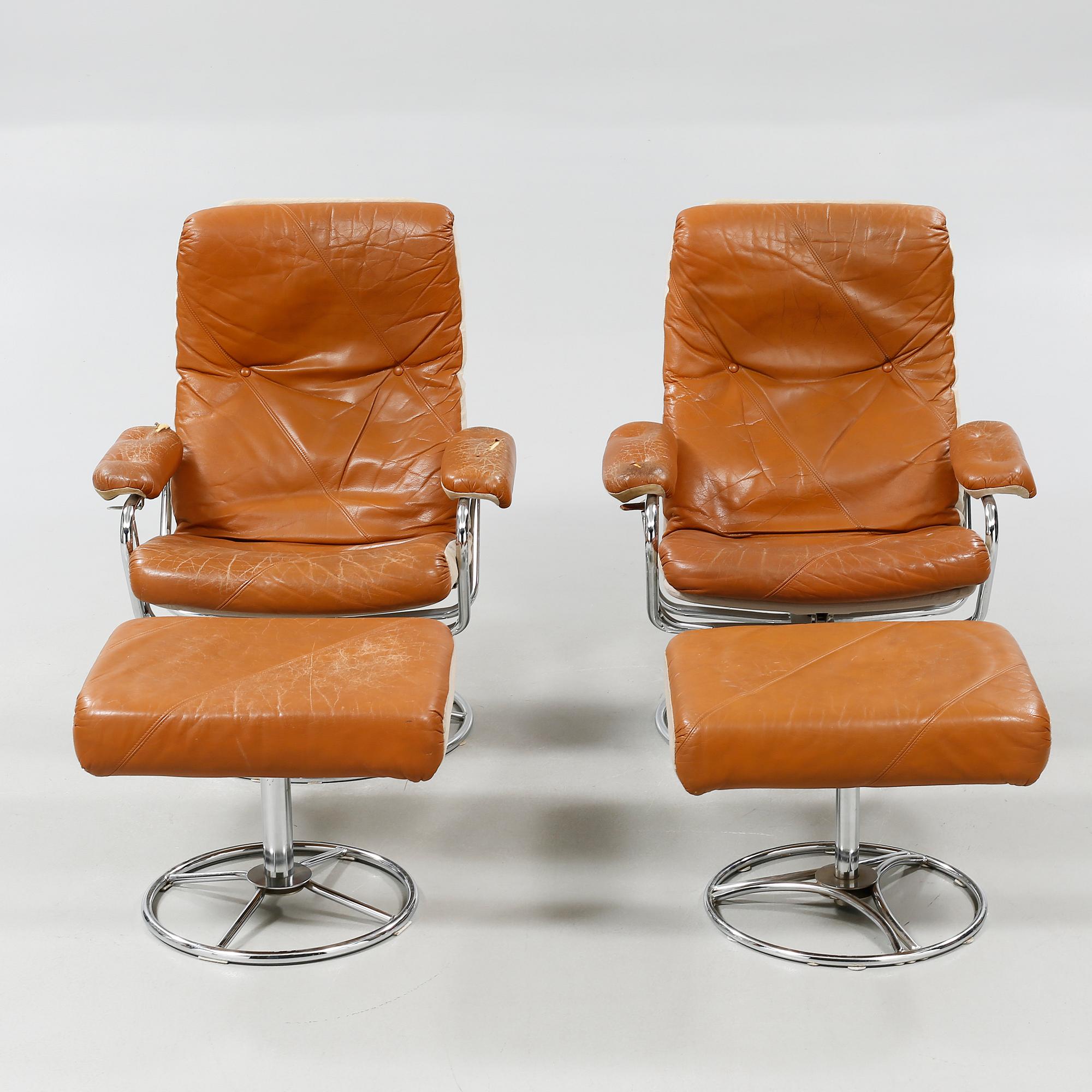 A pair of armchair and foot stools from Ikea, made in the fourth quarter of the 20th century.