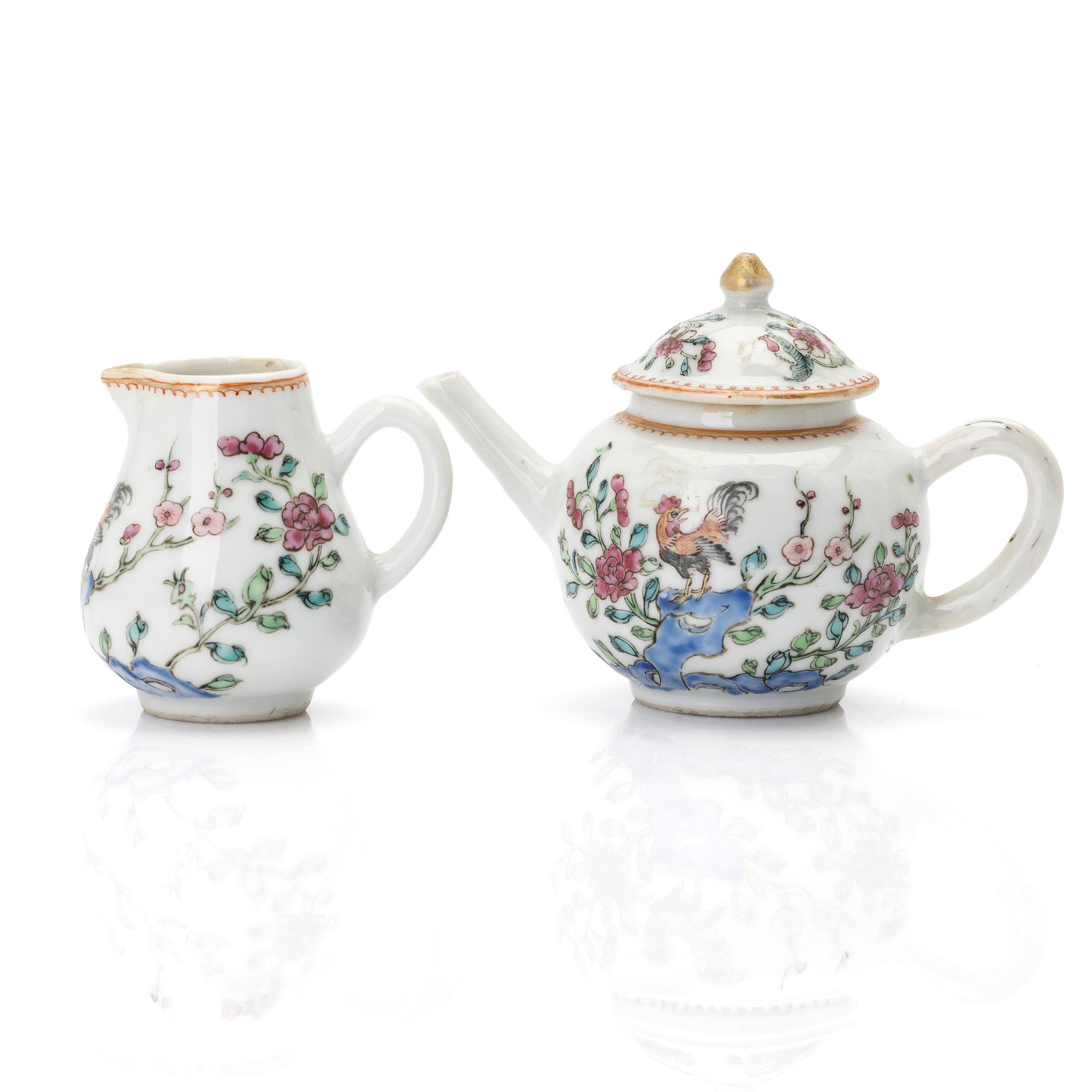 A Chinese famille rose porcelain teapot with cover and milk jug, Qing dynasty, Qianlong (1736–95).
