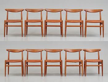 Hans J. Wegner, a set of 10 teak "W2" chairs, C M Madsen, Denmark, 1950's.