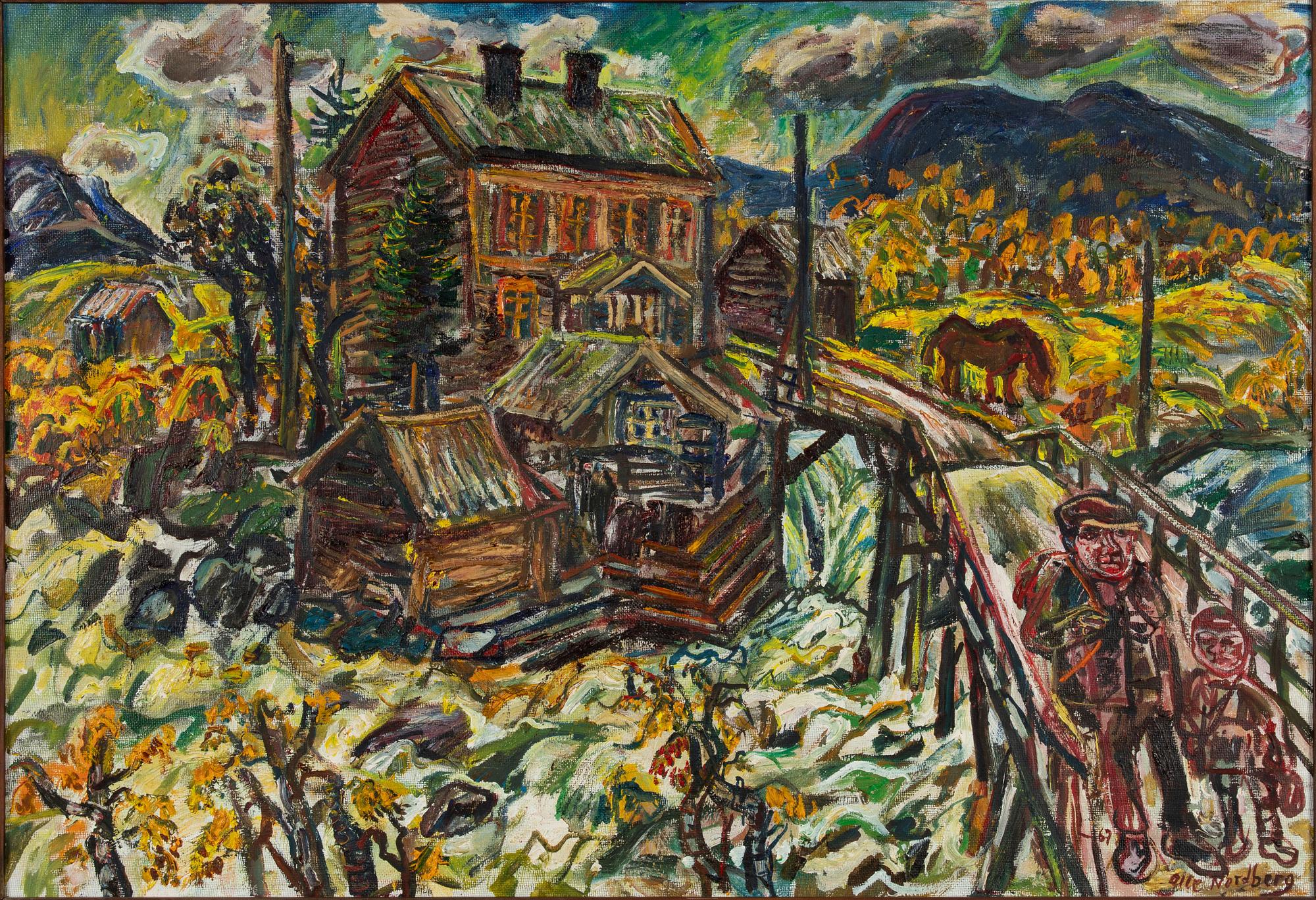 Olle Nordberg, Autumn Landscape with Figures, Horse, and Buildings.