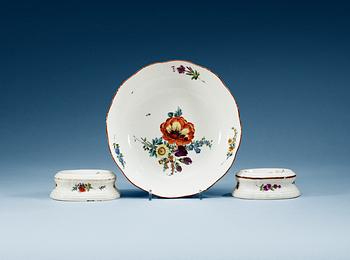 Two Meissen salts and a dish, 18th Century.