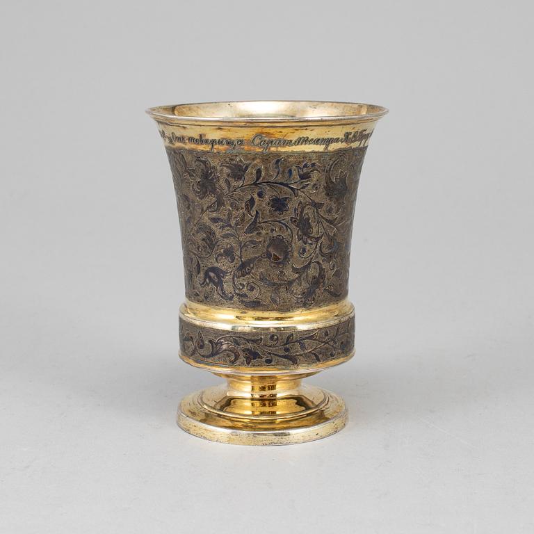 A Russian mid 19th century silver-gilt and niello beaker, unidentified makers mark, Moscow 1845.