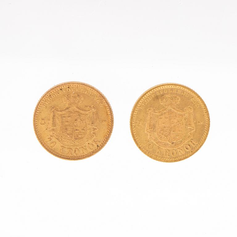 Gold coins 2 pcs 10kr Oscar II, Sweden and Norway 1874.