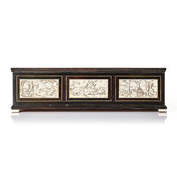 A Neopolitan ebony, rosewood and engraved ivory writing box from the circle of Iacopo Fiamengo, first part 17th century.