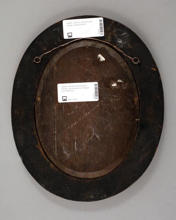 OKÄND KONSTNÄR, ett par, olja på pannå. Troligen sent 1800-tal.