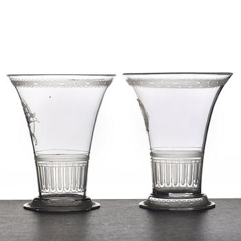 Simon Gate, two Swedish Grace engraved glass beakers, Orrefors, Sweden 1924.