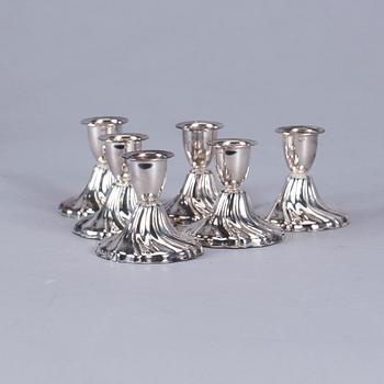 LJUSSTAKAR, 6 st, silver, liten modell, rokokostil. Svenska importstämplar.