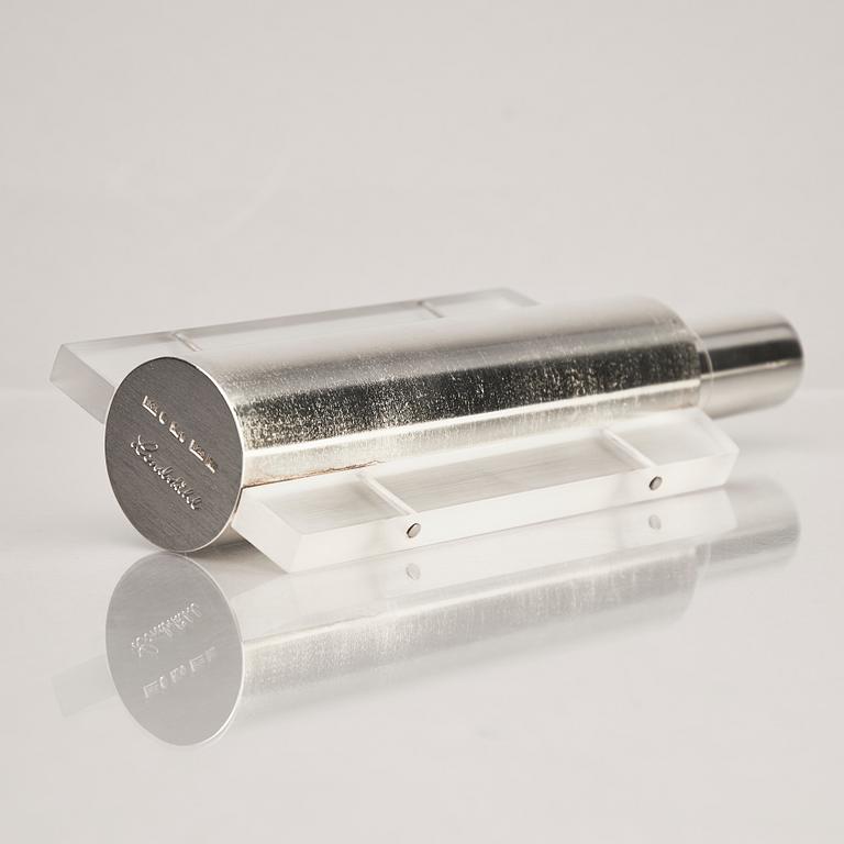 A sterling silver and acrylic bottle with lid, mark of Rolf Lindståhl, Stockholm 2003.