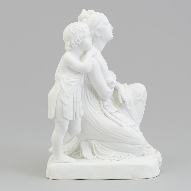 A bisquit scultpure of 'A mother and her son' after Bertel Thorvaldsen, Bing & Gröndahl, Denmark, 1870's.