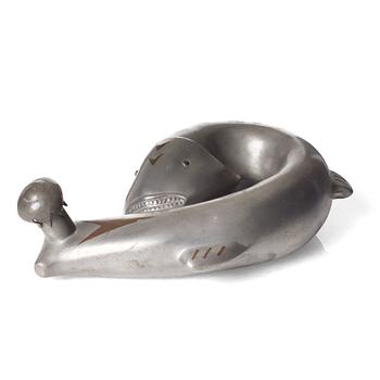 134. Estrid Ericson, a pewter and brass jar in the shape of a fish, Svenskt Tenn, Stockholm 1920's.