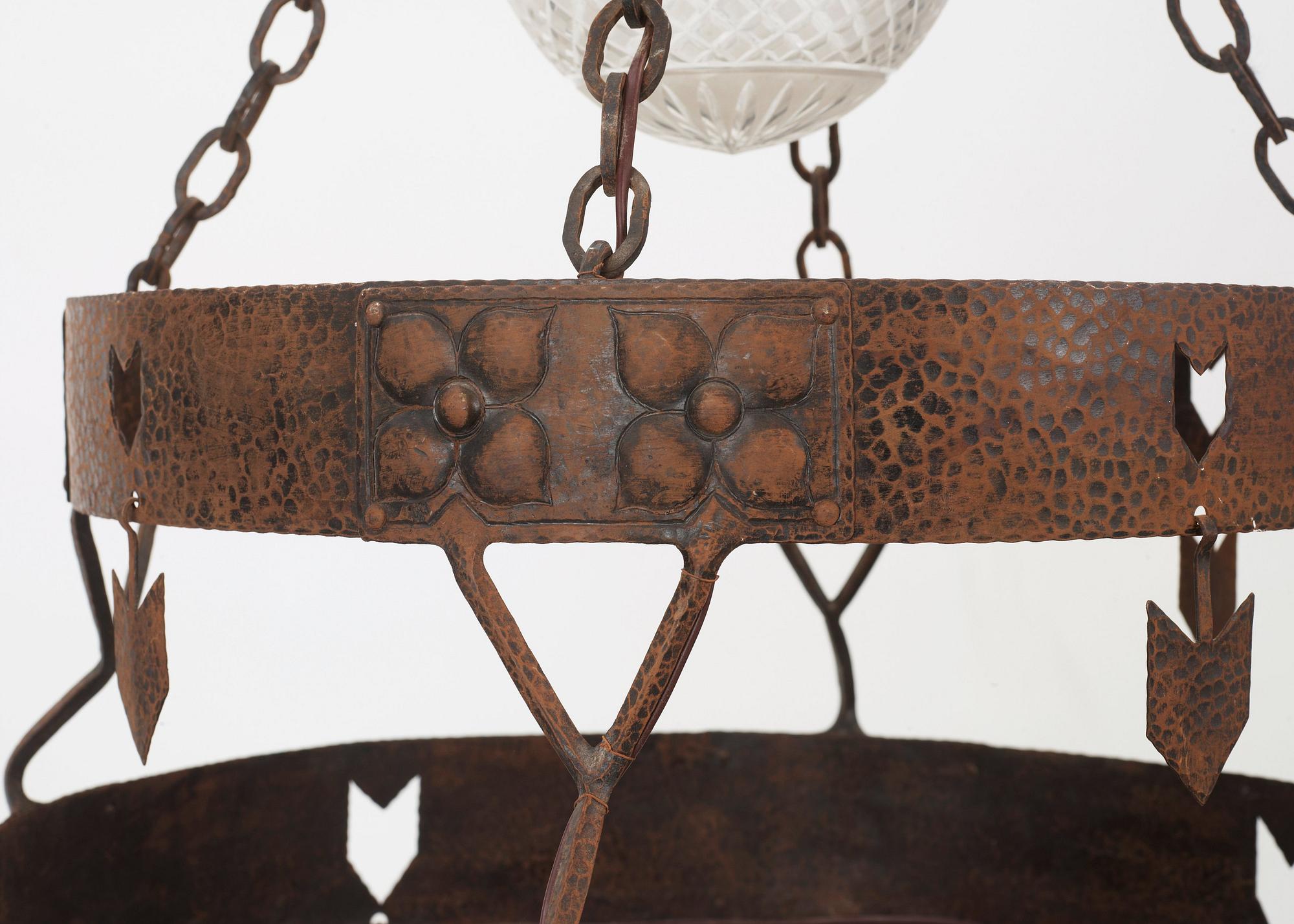 Carl Westman, A hammered iron ceiling lamp attributed to Carl Westman Arts and Crafts, Sweden ca 1902-1905.