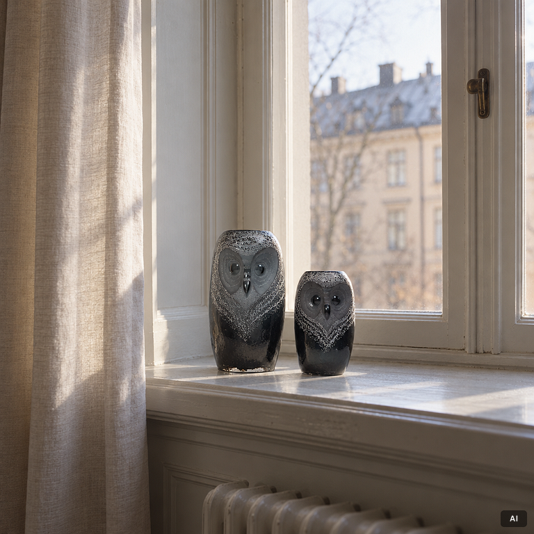 Two glass owls by Mats Jonason, Målerås.