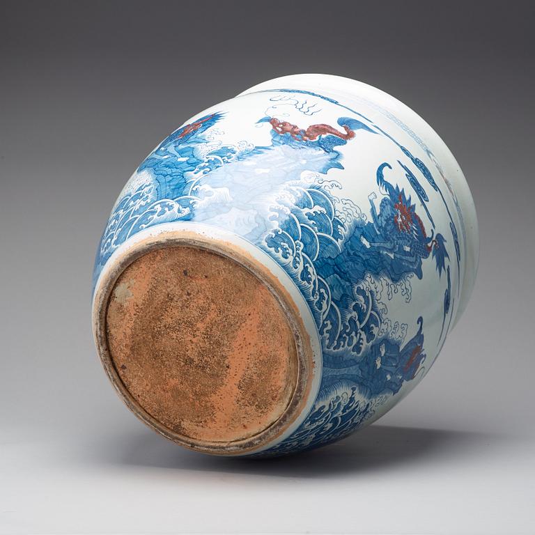 A pair of massive blue and white and iron red basins, China, 20th Century.