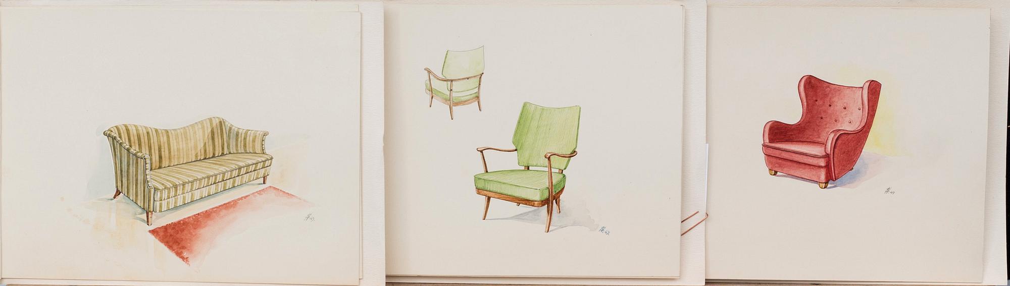MÖBELRITNINGAR, 20 st, akvareller, 1940-tal.