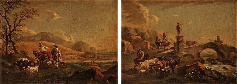 NICOLAES BERCHEM, hans krets, Ettpar. Olja på duk, ej signerade.