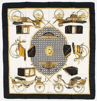 Hermès, Two silk scarves, 'Les Voitures a Transformation' and 'Les Clefs'.
