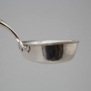 A silver soup ladle by silversmith Anders Emanuel Blomquist, made in Vadstena in Sweden in 1837. Weight ca 117 grams.