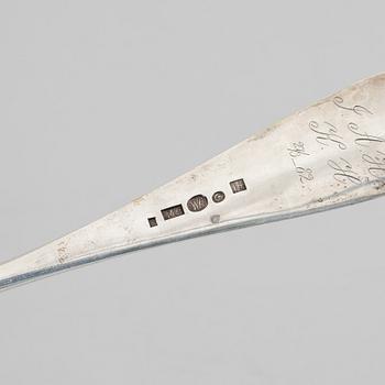 Two serving spoons, low-grade silver, 19th Century, possibly marks of Jacob Andreas Mort, Oslo (1796 - 1854) and of.