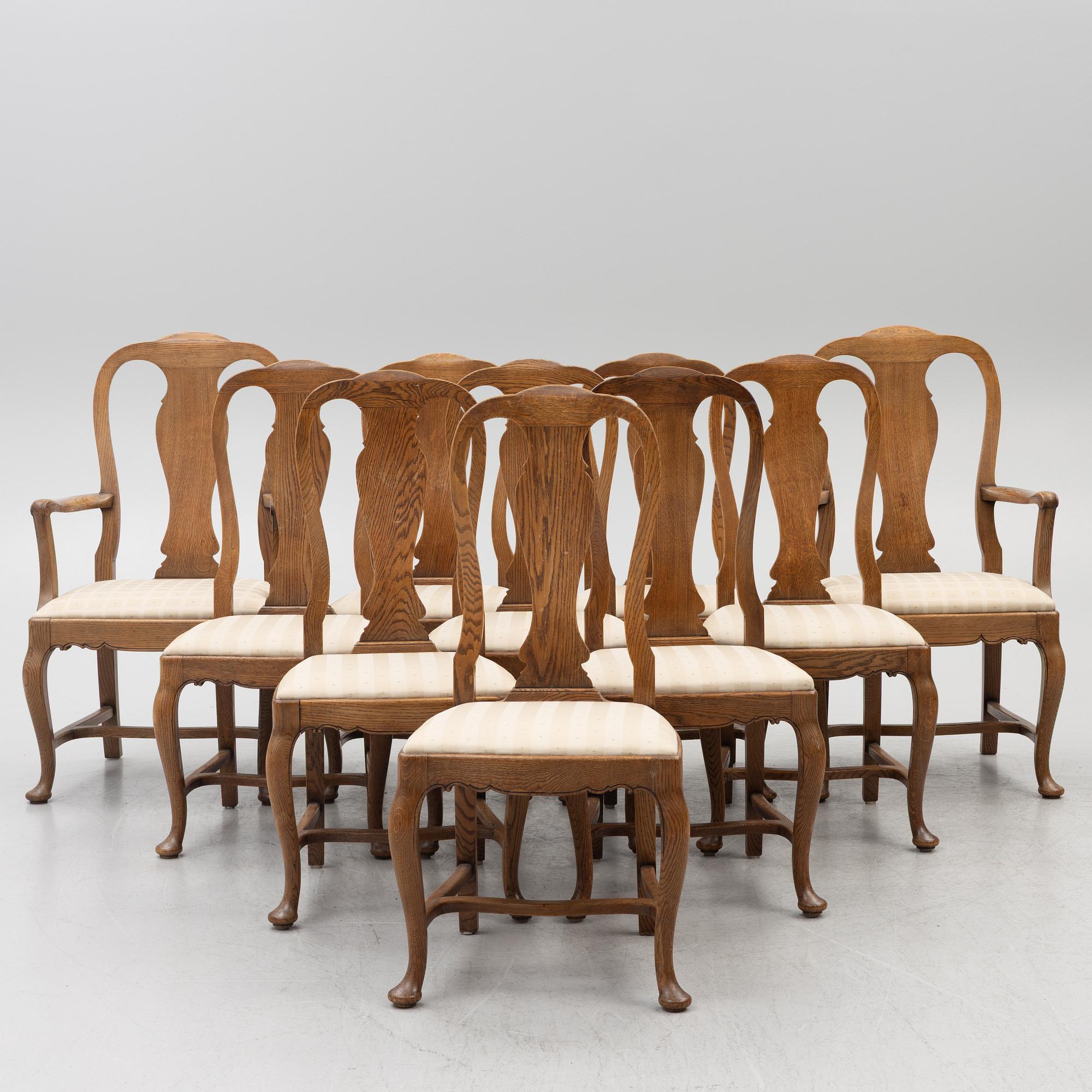 Dining table, 8 chairs, 2 armchairs, sideboard, Rococo style, early 20th century.