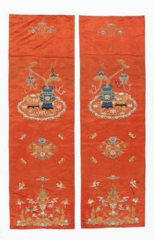 Two Chinese embroidered silk panels, Qing dynasty, 19th Century.