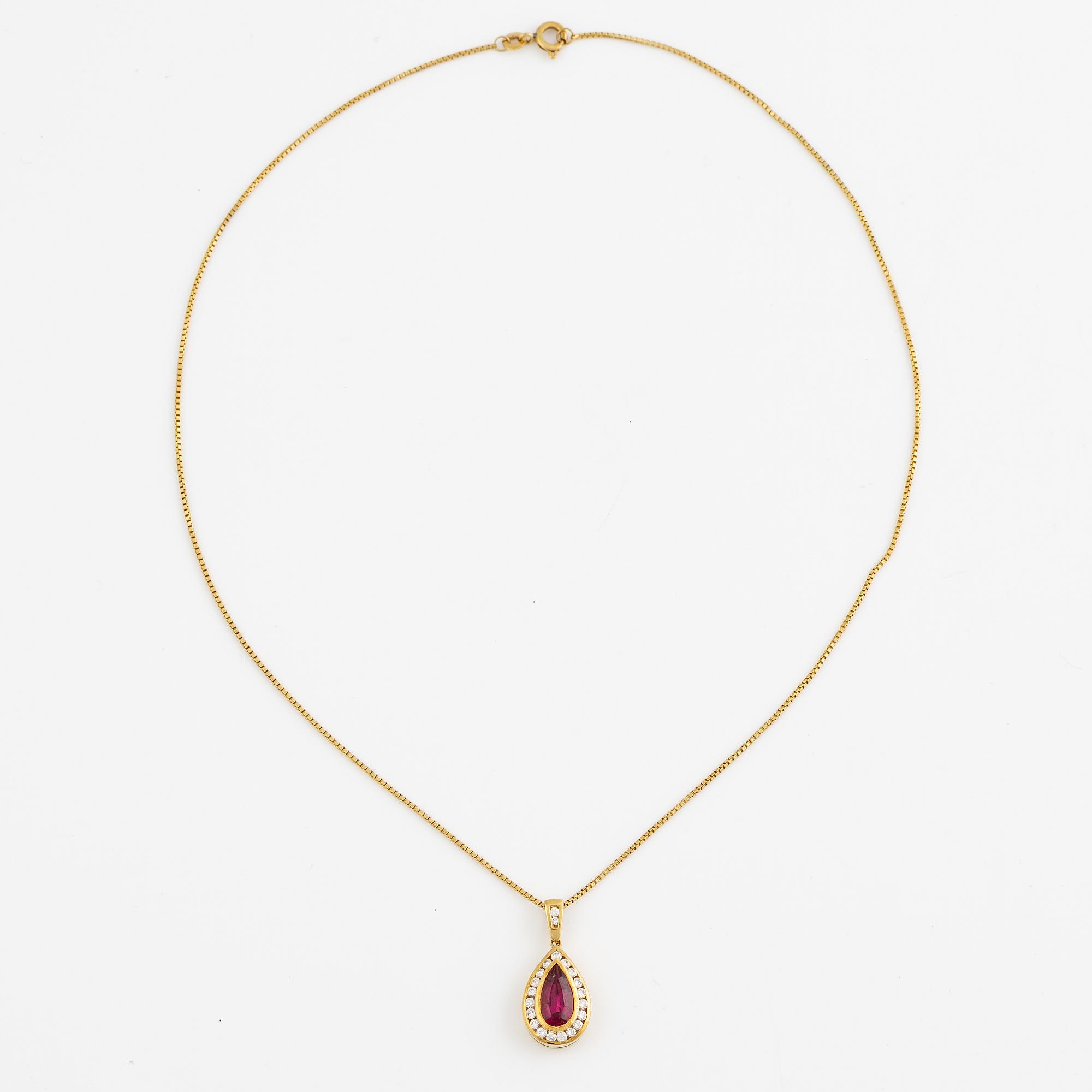 Pendant with chain, 18K gold set with a pink and red toned drop-shaped tourmaline and brilliant-cut diamonds.