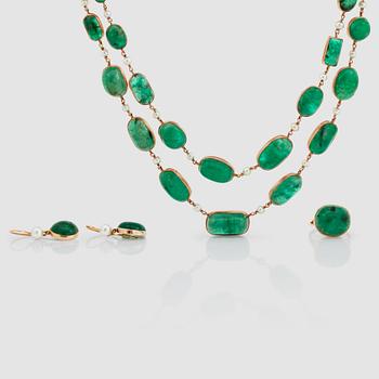 A cabochon-cut emerald and cultured pearl parure with necklace, earrings and ring.