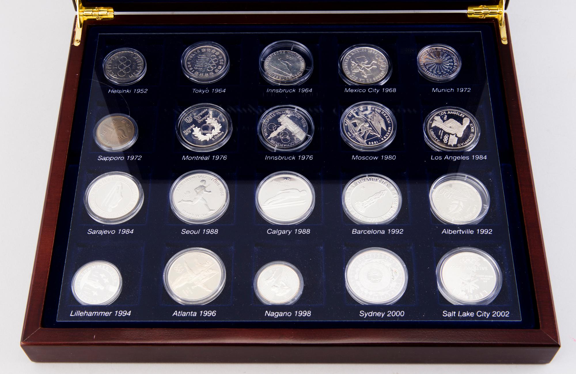 Set of Olympic coins, 21 pcs, partly silver, Olympic Coin Collection 1952-2002 boxed set and Athens 2004.