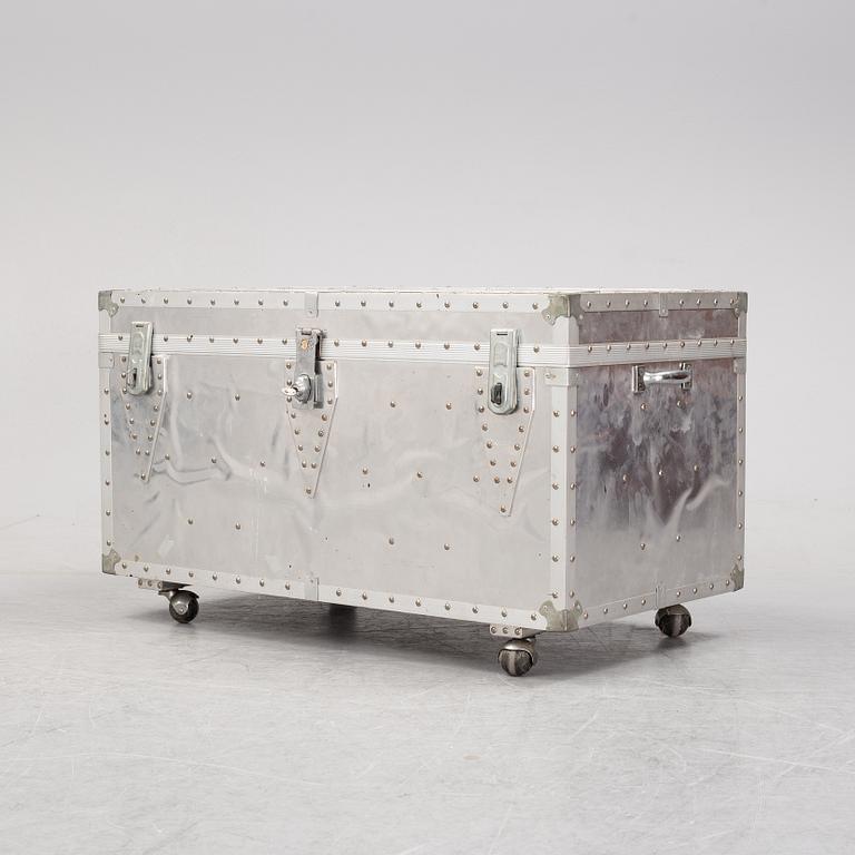 A large metal storage box on wheels, 20th Century.