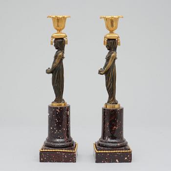 A pair of late Gustavian circa 1800 porphyry candlesticks.