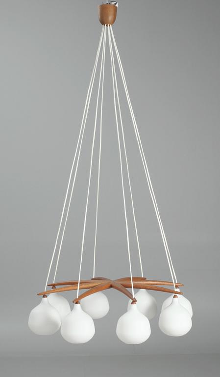 TAKLAMPA, 1950-tal. Teak och glas. H ca155.