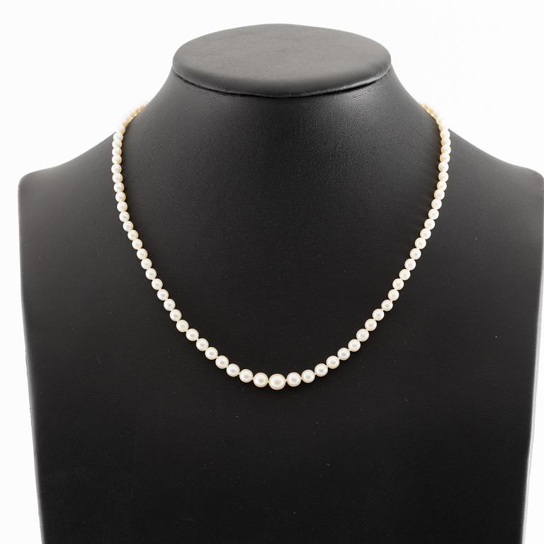 Collier med doserade odlade pärlor, lås 18K vitguld med cabochonslipad smaragd.