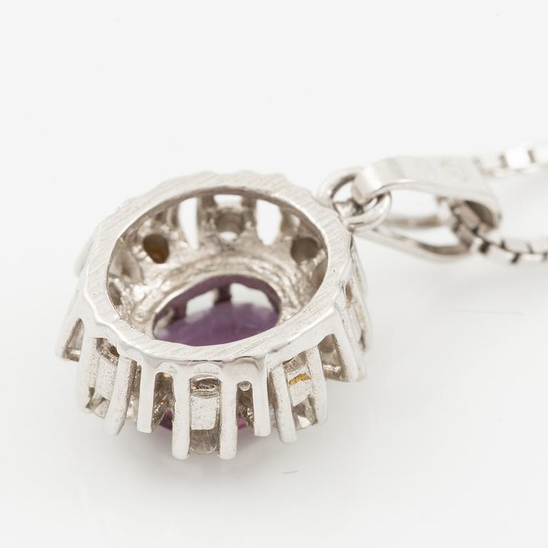 Pendant with gold chain, 
Pendant with white gold chain, 
Earrings a pair, rubies with brilliant-cut diamonds.