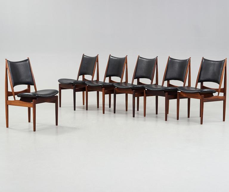 Finn Juhl, A set of six Finn Juhl 'Egyptian Chairs' in rosewood and black original upholstery, by Niels Vodder, Denmark 1950-60's.