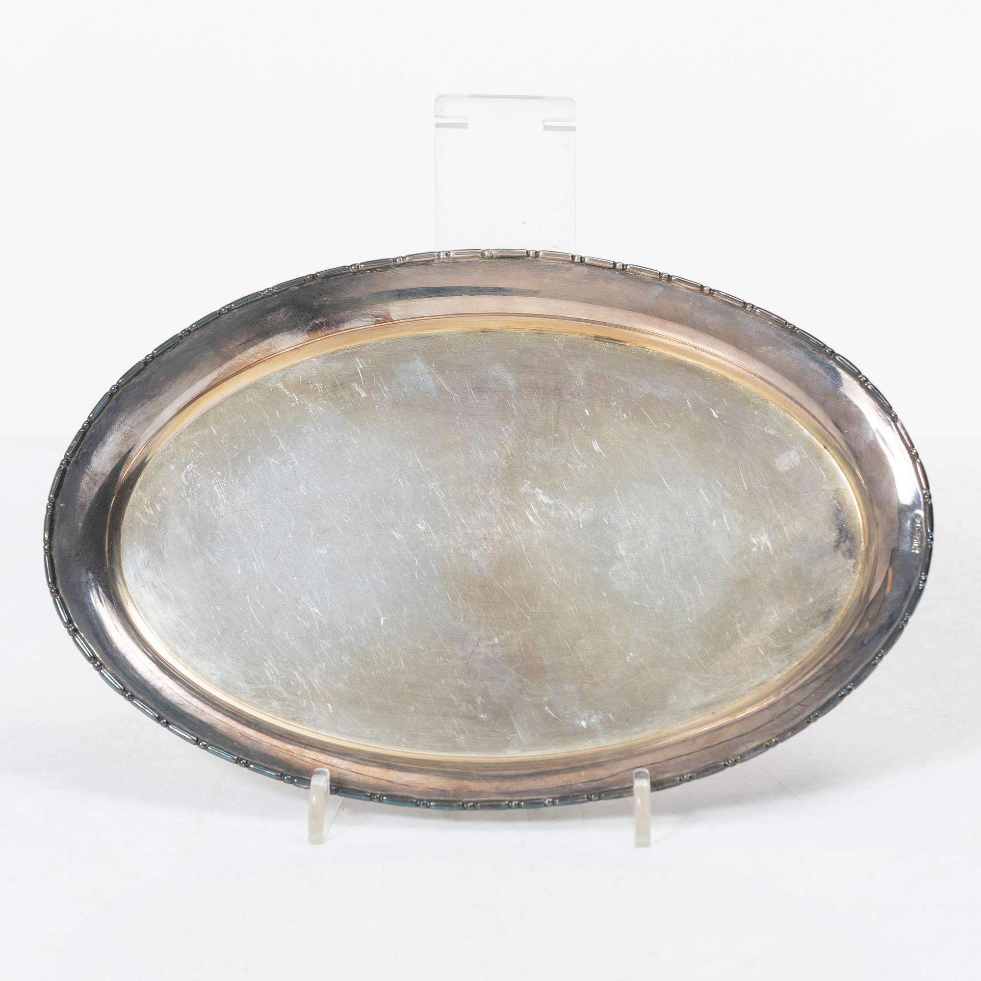 Sugar bowl, creamer and tray, silver, mid-20th century.