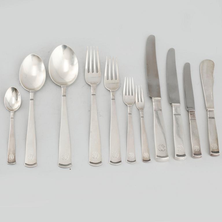 Silver and steel cutlery set, "Rosenholm", 122 pieces designed by JACOB ÄNGMAN, manufactured by GAB, weight 4360 g.