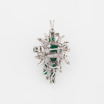 An emerald and single cut diamond brooch/pendant.