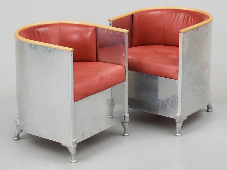A pair of Mats Theselius 'Aluminium/Theselius' aluminium, birch and red leather armchairs, Källemo AB.