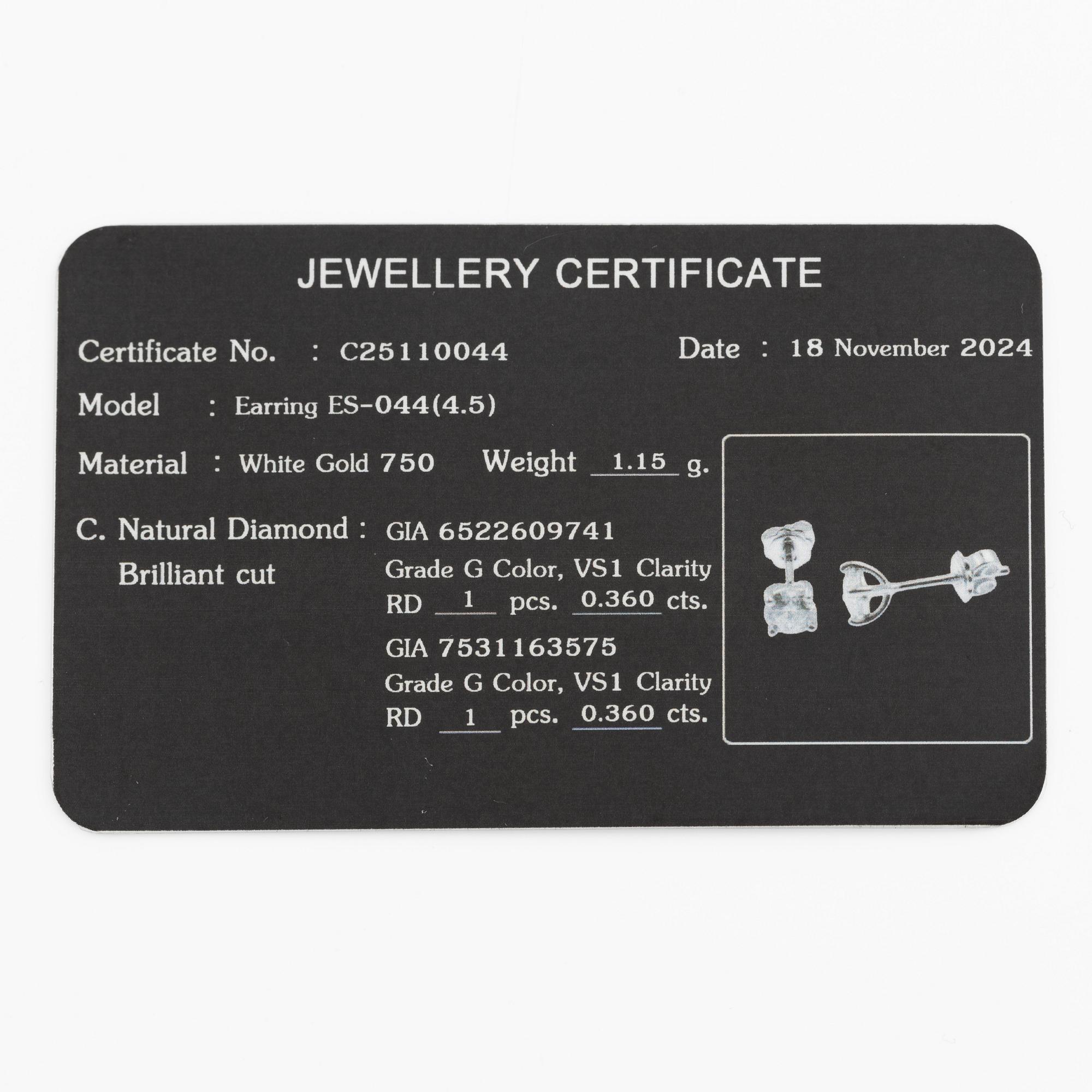 Örhängen 18K vitguld med briljantslipade diamanter, medföljande GIA dossier.