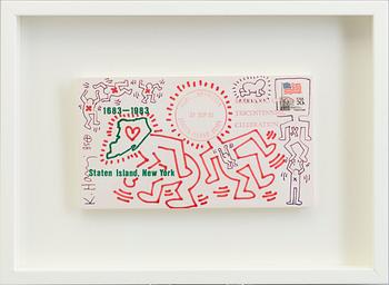 KEITH HARING, Envelope with Figures, pen and blue ink and felt-tip marker and red ink on printed postal envelope, 1985.