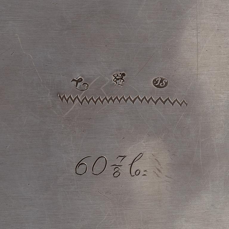 A Swedish 18th century 7 piece silver toilet service, mark of Johan Lorenz Starin, Stockholm 1736.