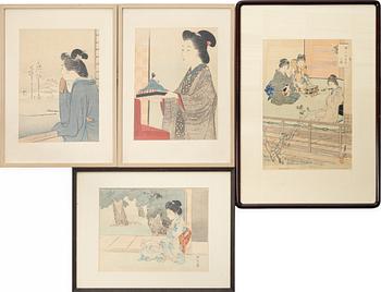 A group of four Japanese woodblock prints, Ogata Gekko, Takeuchi Keishu and Kōgyo Tsukioka.