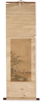 A Chinese scroll painting, ink and colour on silk laid on paper, Qing dynasty, probably 18th Century.