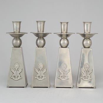 GAB (Guldsmedsaktiebolaget) TENN, a set of four pewter candlesticks, Stockholm 1950's.